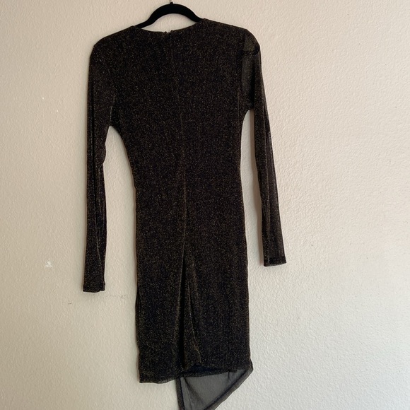 Faux Wrap Party Dress, Gold Shimmer on Black, Sheer Sleeves, Size Medium - Picture 5 of 9